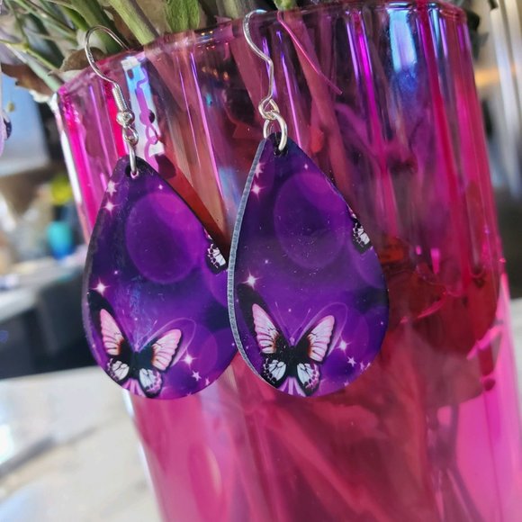 Purple Butterfly Teardrop Earrings - Picture 1 of 5